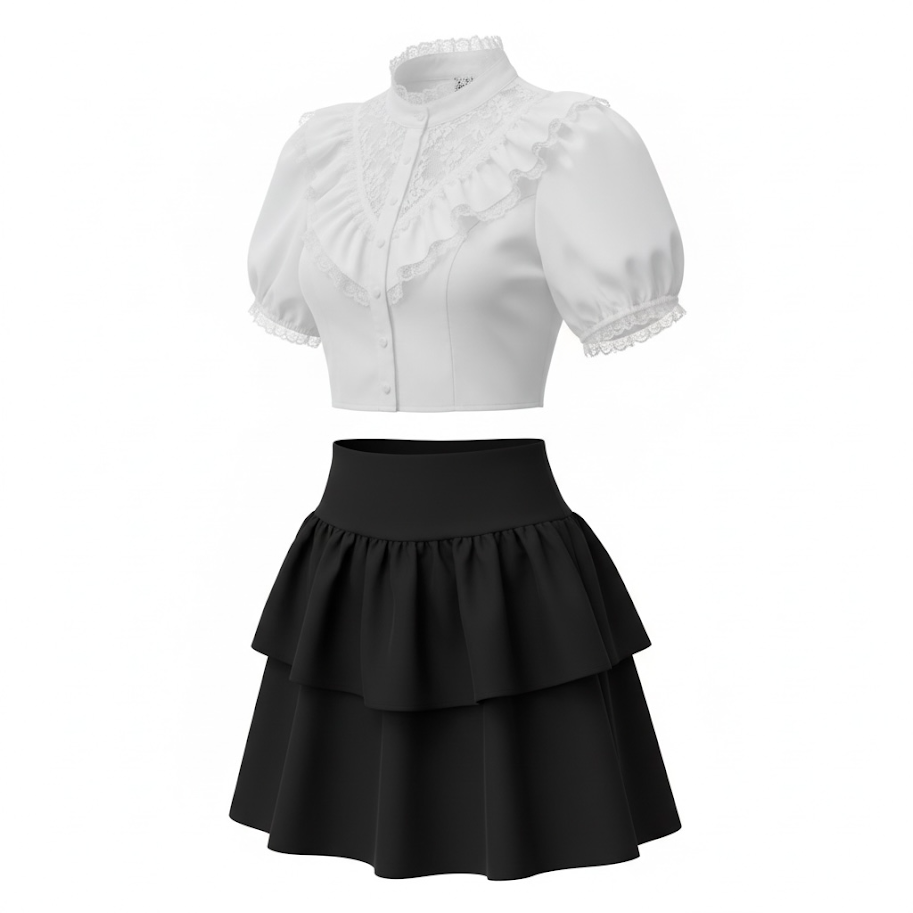 A two-piece women's outfit with a white blouse featuring lace and ruffle details, paired with a high-waisted black skirt with layered ruffles.