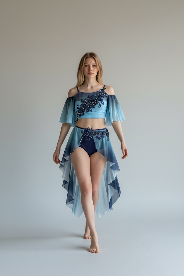 A woman in a blue, ocean-themed costume with flowy fabric, embroidery, and embellishments standing on a plain white background.