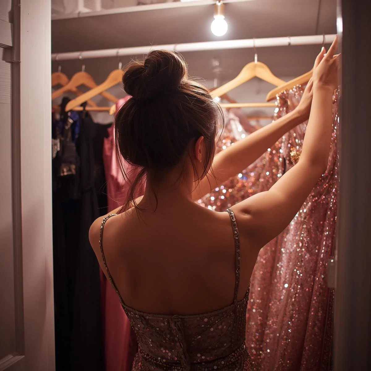 A woman with her hair in a bun shopping for a sparkly pink dress in a dressing room.