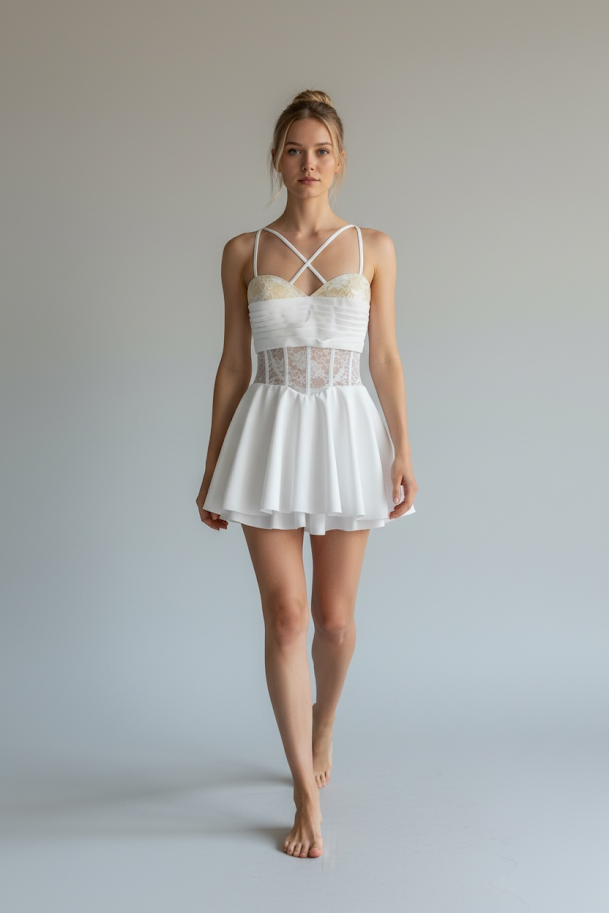 A young woman standing barefoot in a white dress with spaghetti straps and lace details, against a plain light gray background.