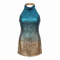 Sequin halter top dress with blue, silver, and bronze colors