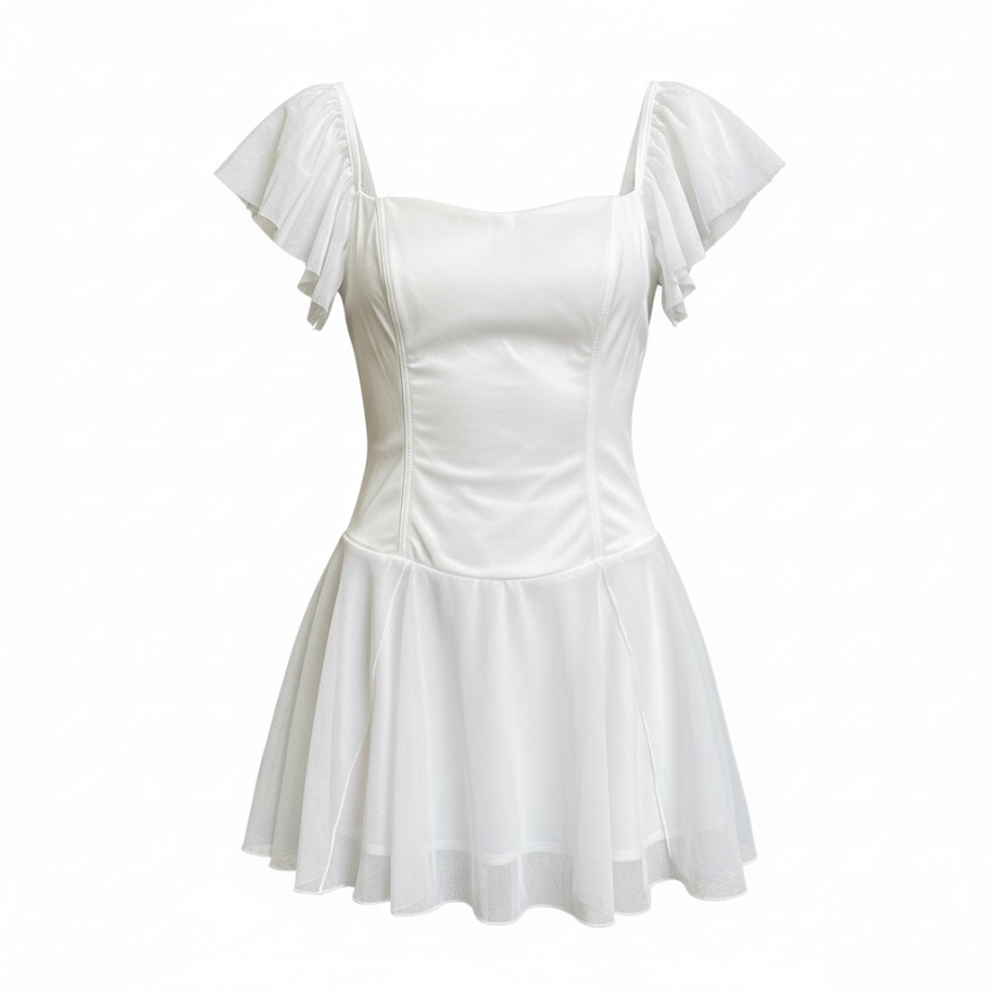 White dress with ruffled short sleeves and a fitted bodice, flaring into a pleated skirt.
