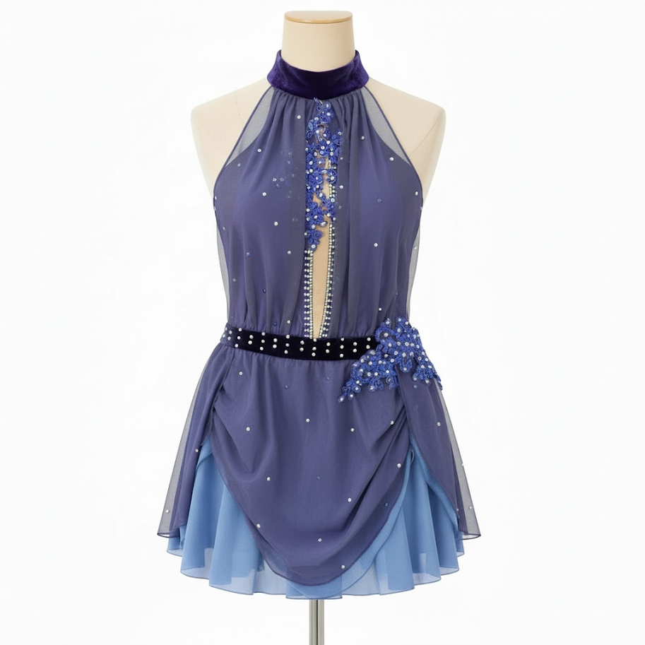 Blue sleeveless dress on a mannequin with embellished detailing, a belt, and layered skirt.