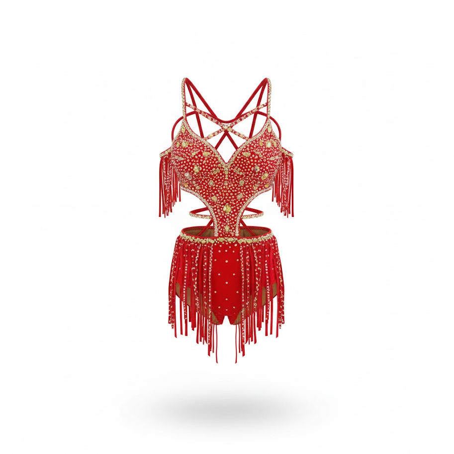 A red and gold embellished leotard with fringe details, featuring intricate beadwork and cutouts, designed for performance or costume wear.