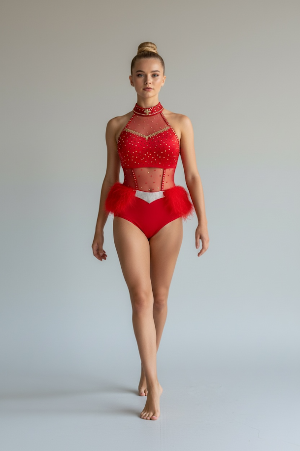 A woman wearing a red and clear rhinestone-studded dance costume with feather accents, standing barefoot against a plain background.