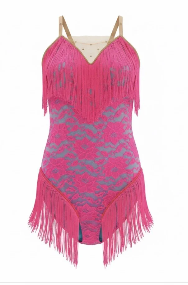 Pink lace bodysuit with fringe details and spaghetti straps.