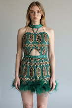 A woman wearing a green and gold patterned dress with feather details at the hem, standing against a plain background.