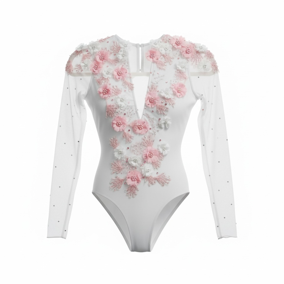 White long-sleeve bodysuit with pink and white floral embroidery and bead embellishments, featuring a keyhole neckline.