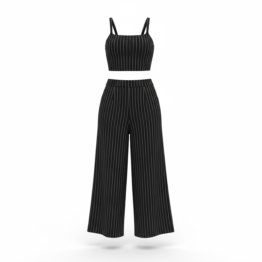 A black two-piece outfit with white vertical pinstripes, consisting of a sleeveless cropped top and high-waisted wide-leg pants.