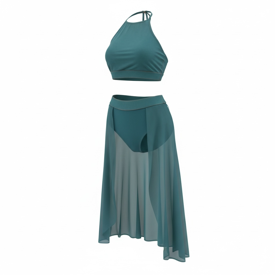 Teal-colored sports bra and sheer teal skirt with built-in underwear on a plain white background.