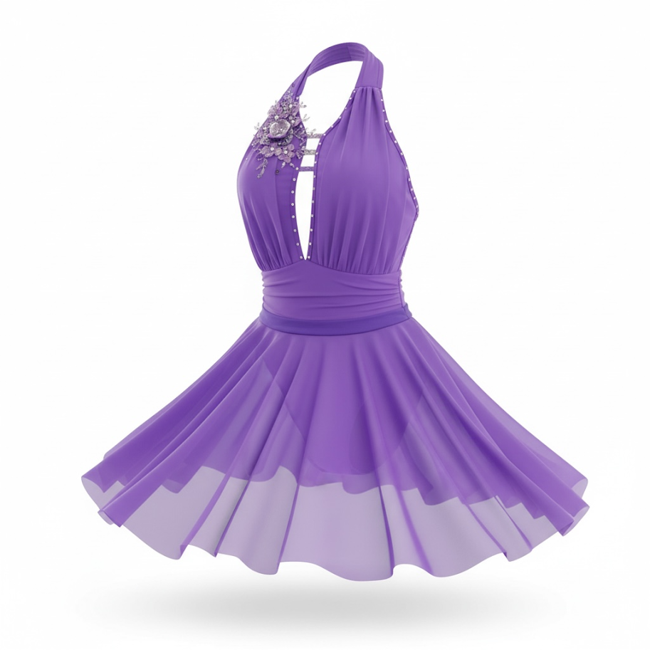 Purple dress with a halter neckline, decorative embellishments on the shoulder, and a pleated skirt.