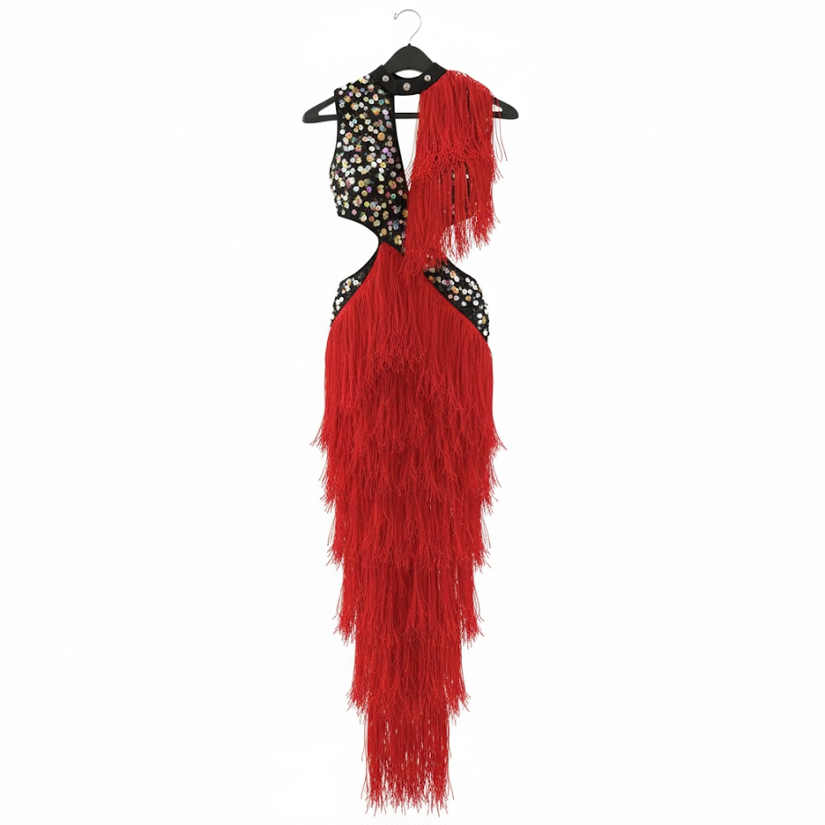 A long, sleeveless dress with a black and multicolored sequin top and a red feathered skirt, displayed on a hanger against a plain white background.
