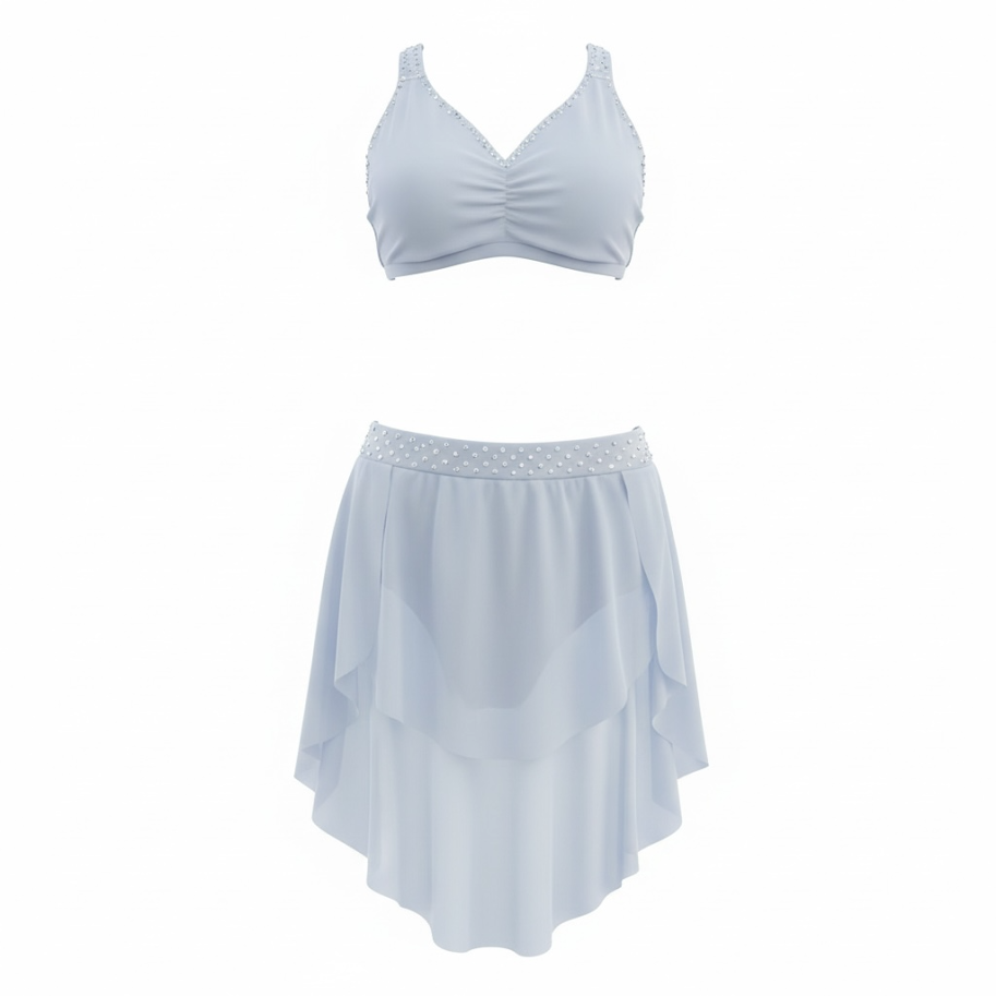 Light blue two-piece dress with a ruched top embellished with beads and a layered chiffon skirt with a beaded waistband.
