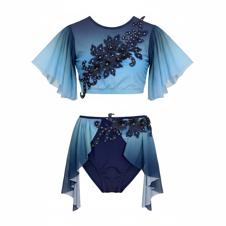 A blue two-piece costume with a crop top and high-waisted bottoms, decorated with floral appliqués and beadwork.