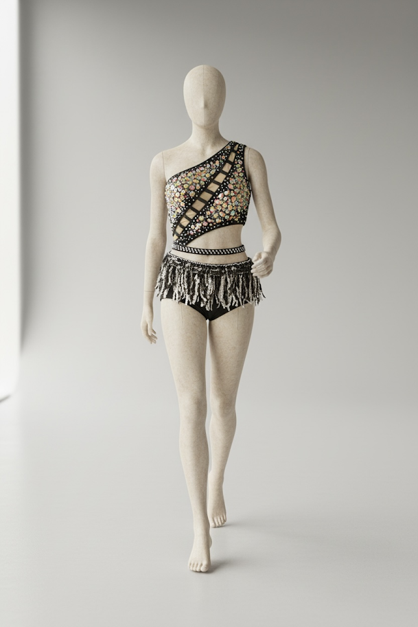 A mannequin dressed in a black, one-shoulder, cut-out top with multicolored floral patterns and a matching waistband, paired with black shorts that have a fringe detail at the hem, against a plain gray background.