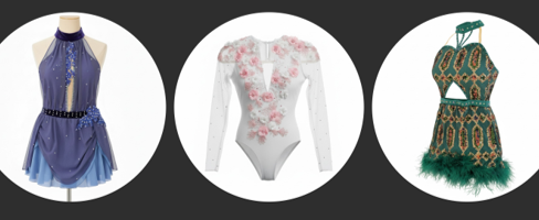 Three dresses displayed against a black background: a blue and white dress with a high neck, the middle white dress with pink floral embroidery, and a green and brown patterned dress with feathers at the hem.