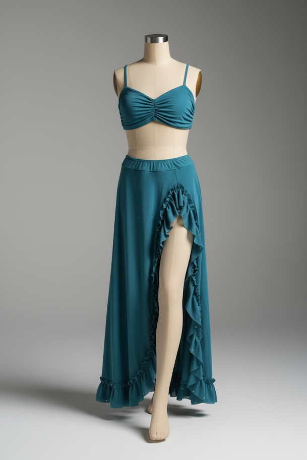 Blue two-piece swimsuit with ruffled skirt on a mannequin against a neutral background.