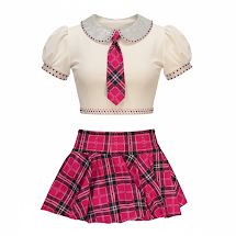 Schoolgirl uniform with a white short-sleeve top featuring a plaid tie and a pink and black plaid skirt.