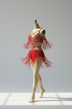A mannequin dressed in a red, fringed dance costume with a halter top and skirt, displayed against a plain wall.