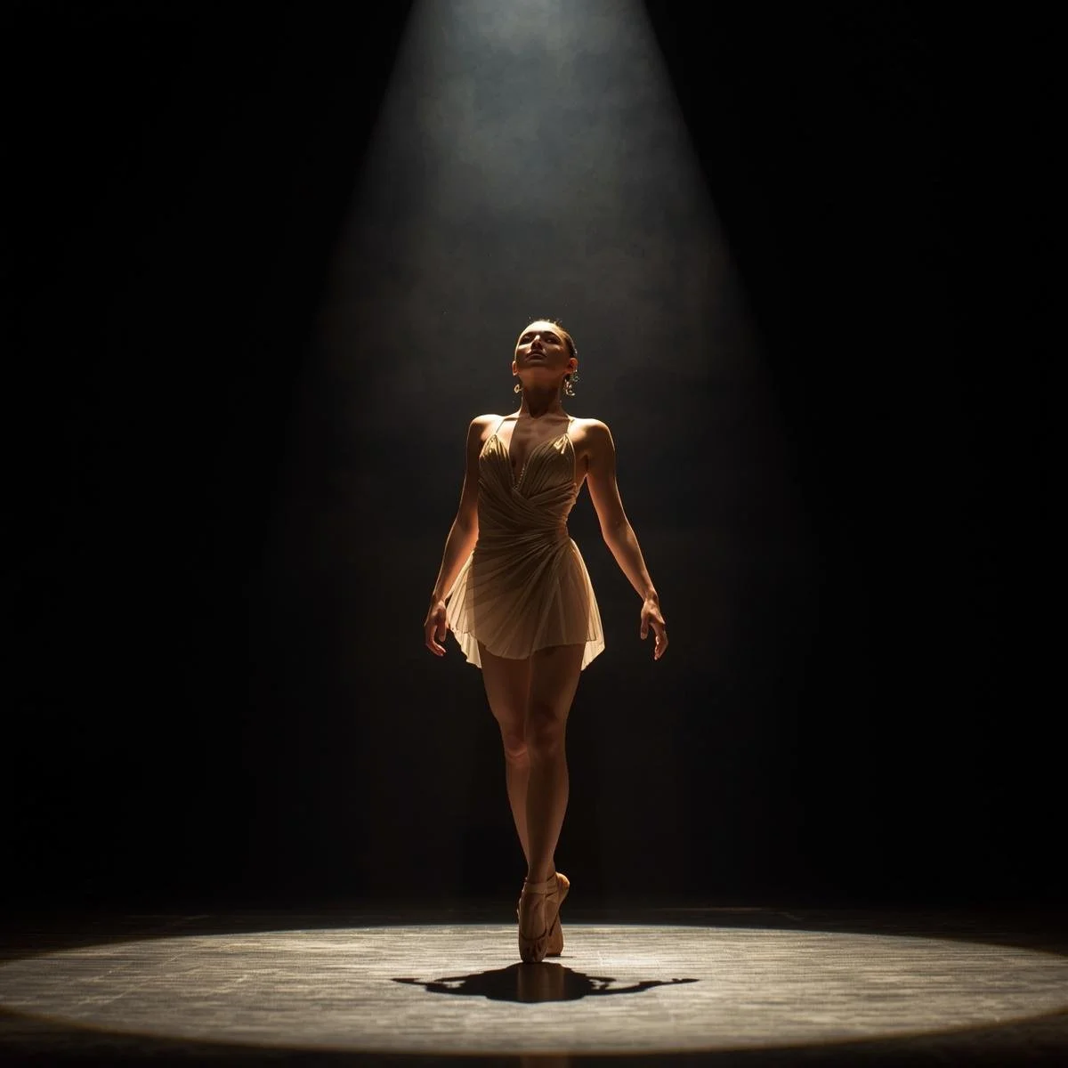 A ballet dancer stands on stage illuminated by a spotlight, wearing a beige tutu and pointe shoes, with a dark background.