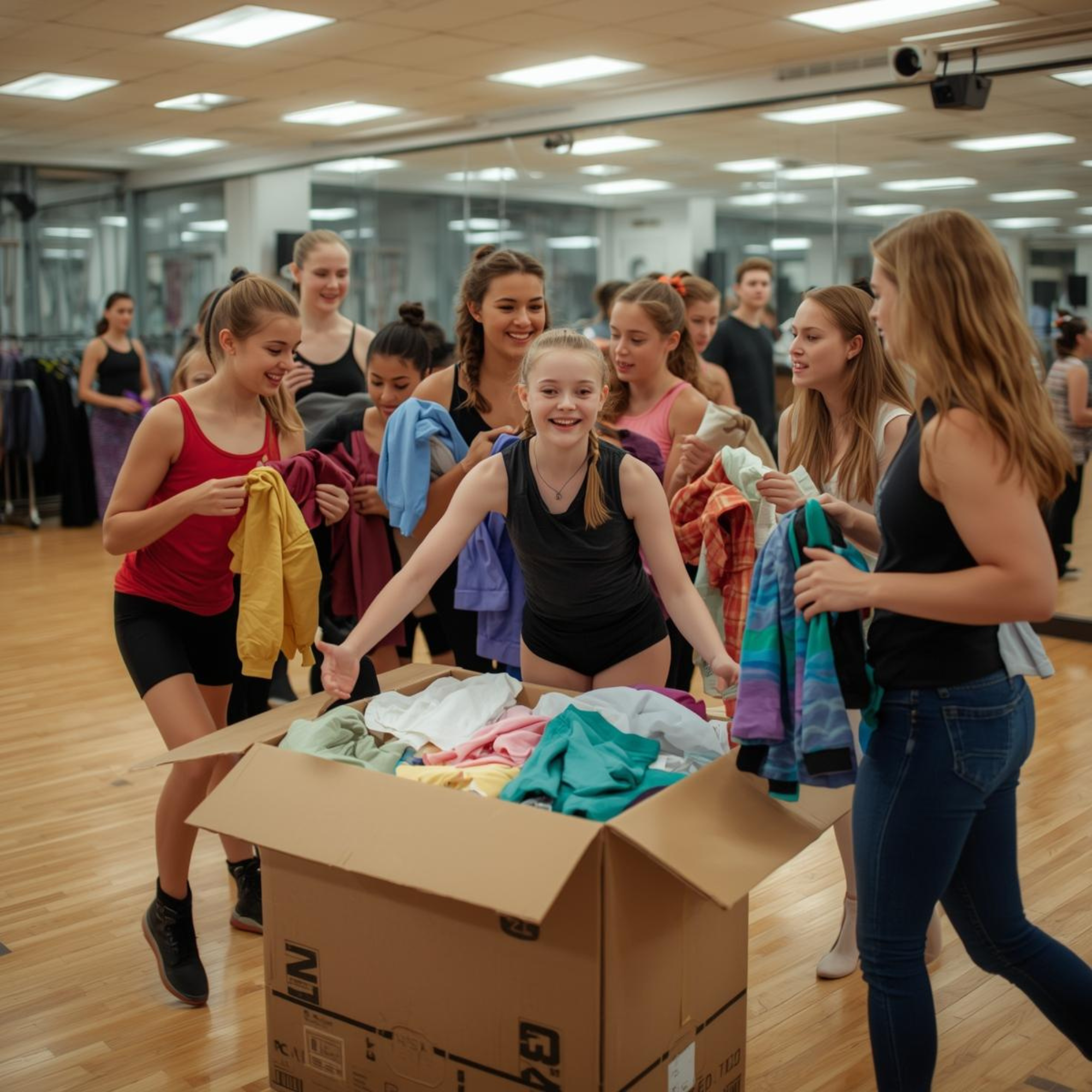 Group of young girls in dance attire smiling and looking at a large box of colorful clothing in a dance studio.