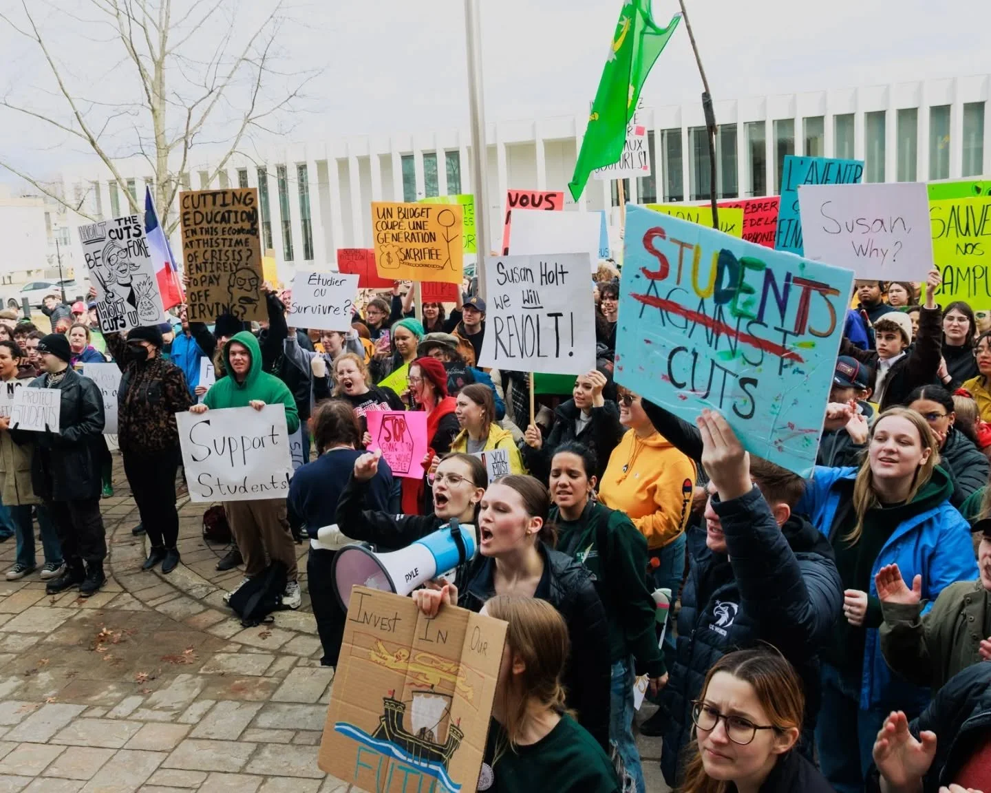 March 17th, 2026: Students across New Brunswick protest at the NB Legislative against budget cuts threatening the future of Post Secondary Education.