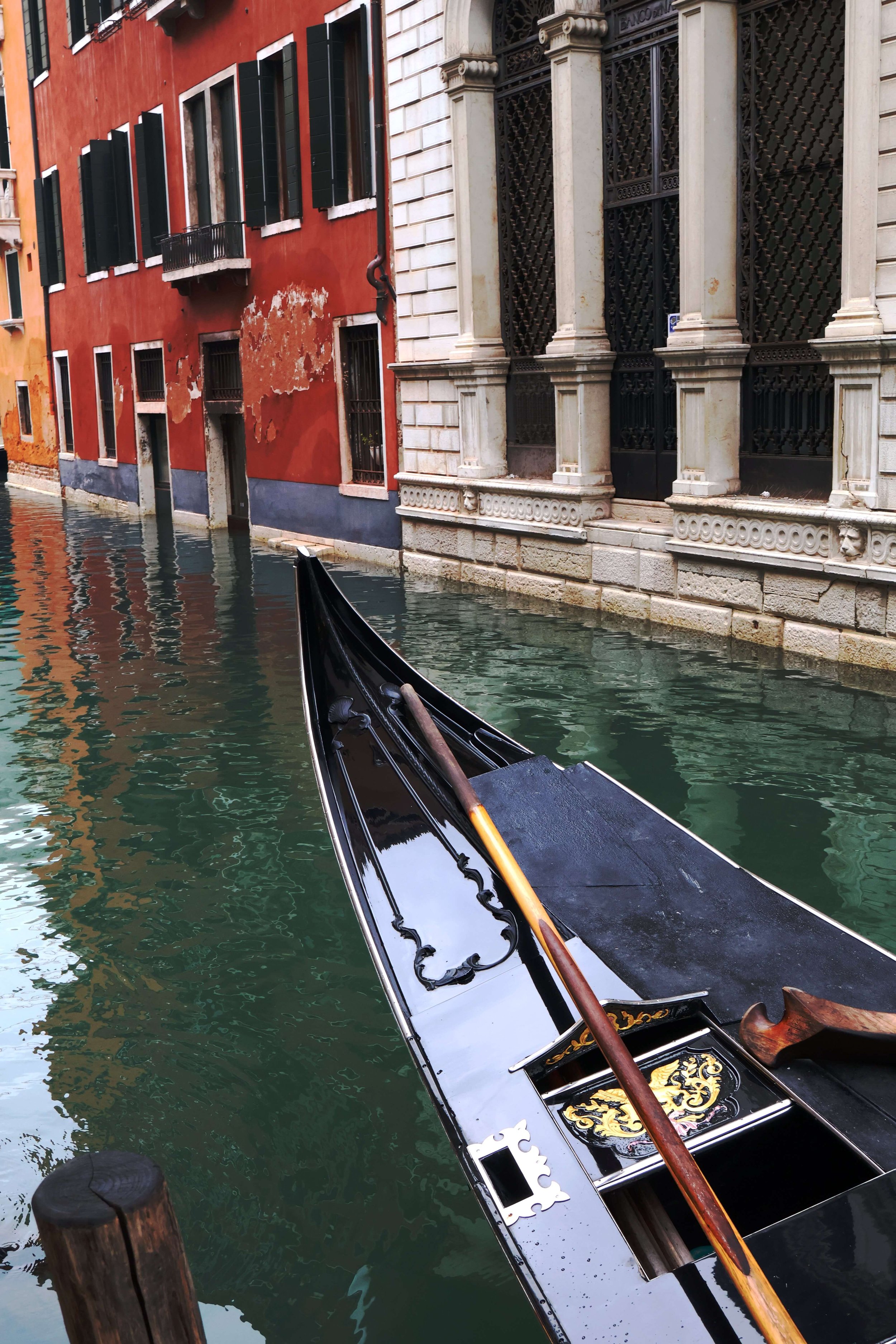Close-up diagonal view of a black lacquered gondola prow with gold ornamental detailing and wooden oar, navigating a narrow Venetian canal.