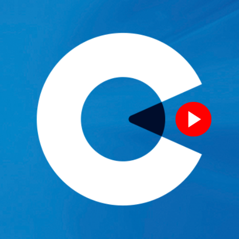 A stylized logo resembling a 'C' with a play button inside, set against a blue background.