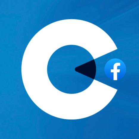 Illustration of the Facebook logo inside a Pac-Man character on a blue background.