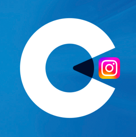 Illustration of a large white C-shaped graphic with a black arrow pointing to an Instagram logo on a blue background.