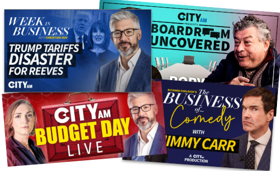 A selection of four promotional posters for City AM videos, featuring headlines about Trump tariffs, a Boardroom Uncovered show, Budget Day live event, and a vodcast event with Jimmy Carr.