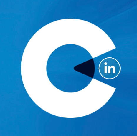 Graphic combining a pie chart and the LinkedIn logo, with a blue background.