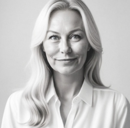 A smiling woman with blonde hair wearing a gray sweater and dark blue jeans standing against a plain white background.