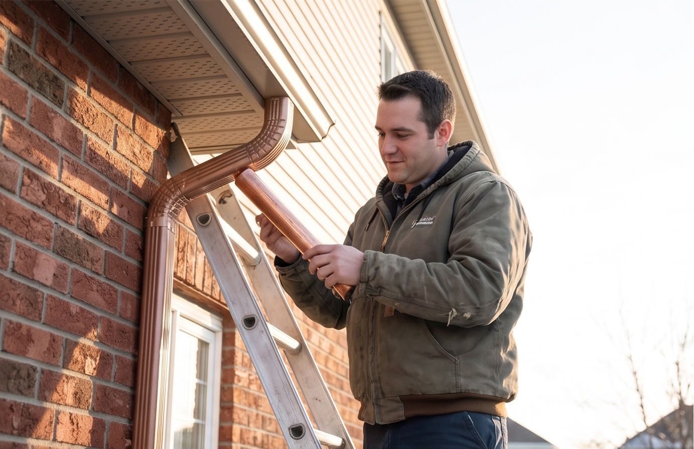 Homme travaillant sur la toiture, utilisant un tube en cuivre pour la plomberie, sur une échelle devant une maison en briques.