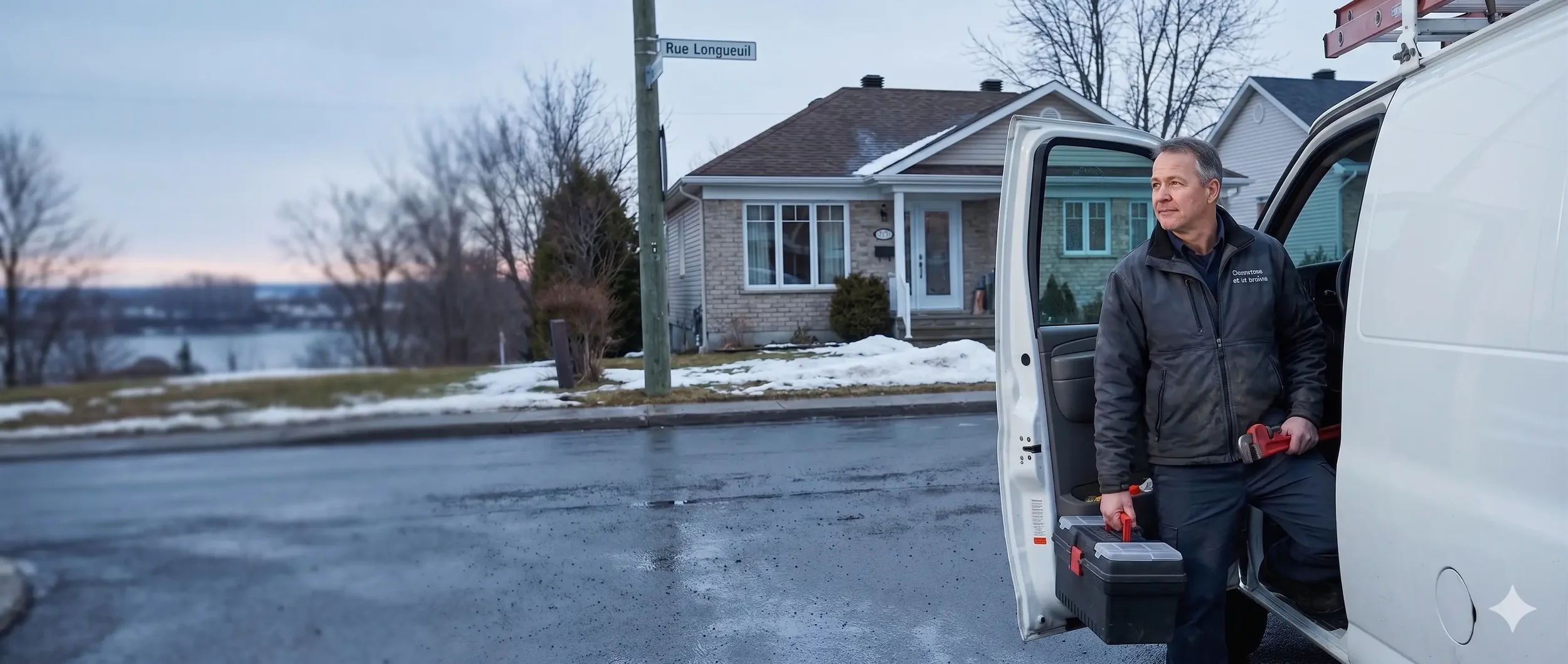 Un homme se tient à côté d'un véhicule blanc, tenant une boîte à outils et un marteau, dans un quartier résidentiel avec une maison en arrière-plan, en hiver.