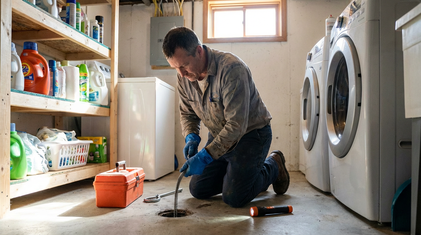Un homme effectue une réparation dans une buanderie, en utilisant des outils pour accéder à un tuyau au sol.