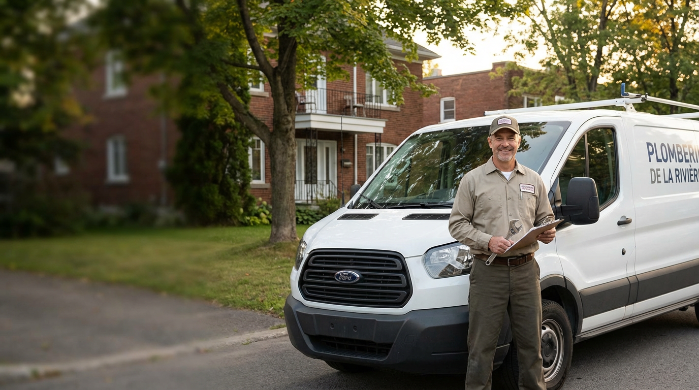 Hommes plombier debout à côté d'une camionnette blanche portant une clé à molette et une tablette, dans un quartier résidentiel avec des arbres et des maisons en arrière-plan.