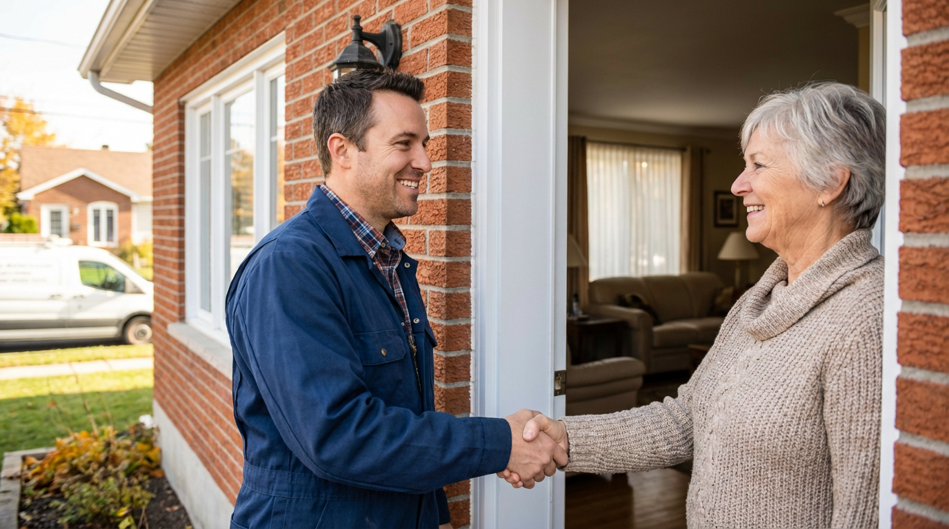 Un homme et une femme âgée se serrent la main devant la porte d'une maison, souriant.