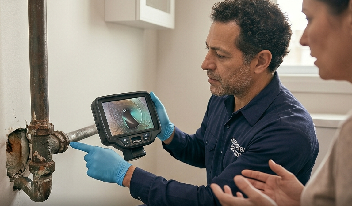 Un technicien inspecte une conduite en utilisant une caméra d'inspection dans une pièce avec un mur blanc et une fenêtre.