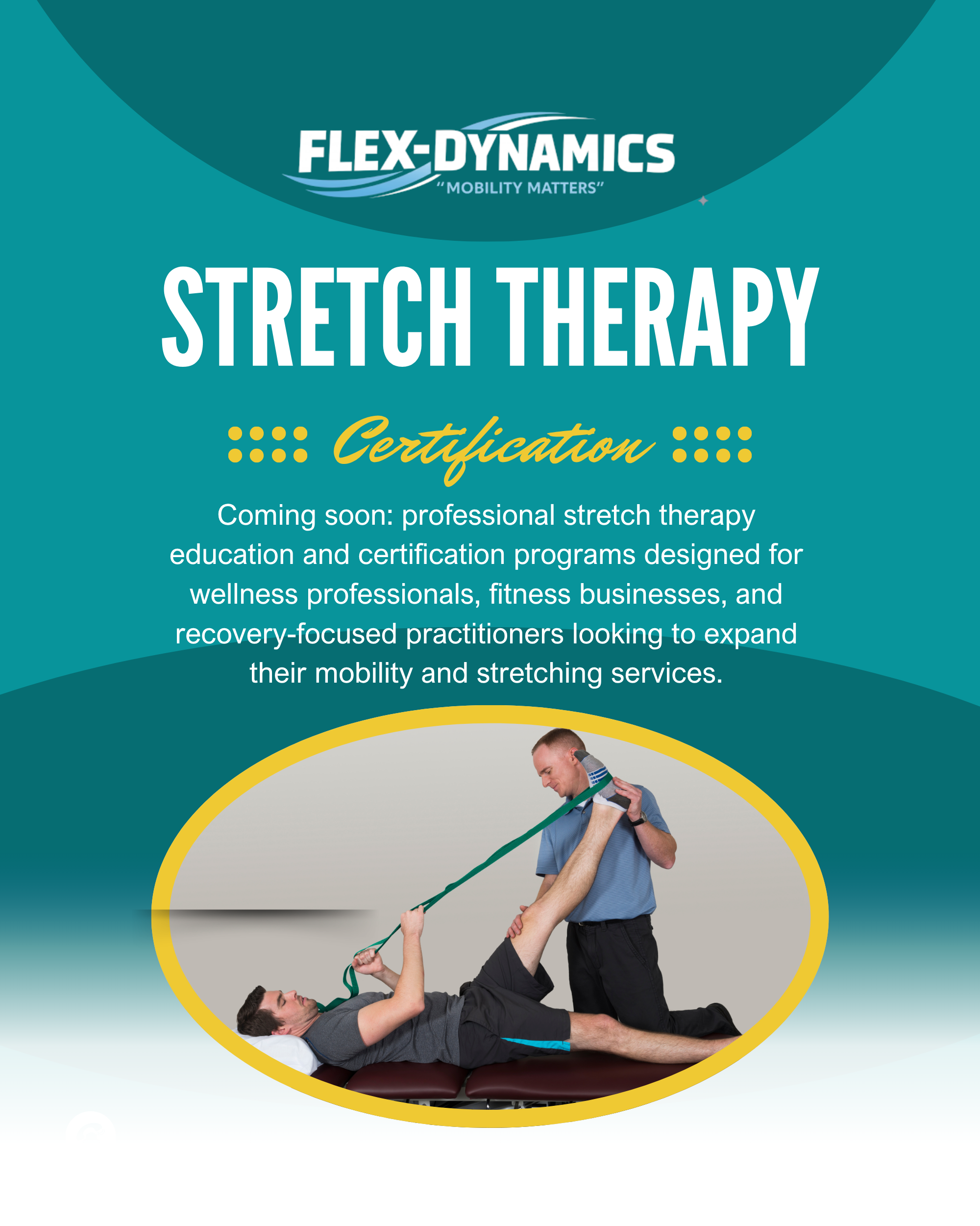 A man lying on a therapy table gesturing with a woman standing beside him, practicing stretch therapy with a strap.