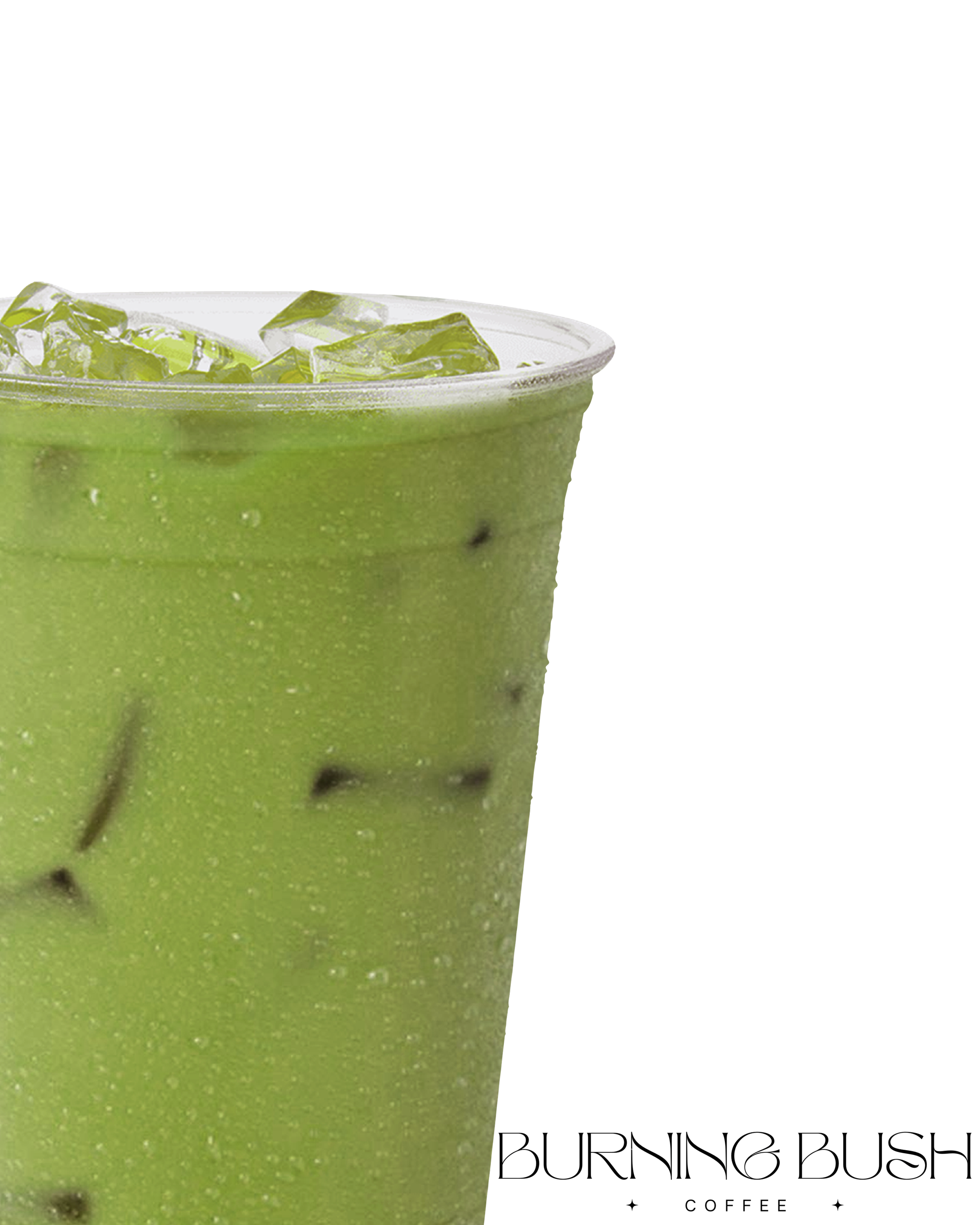 A clear plastic cup filled with iced matcha green tea latte with ice cubes visible on top.