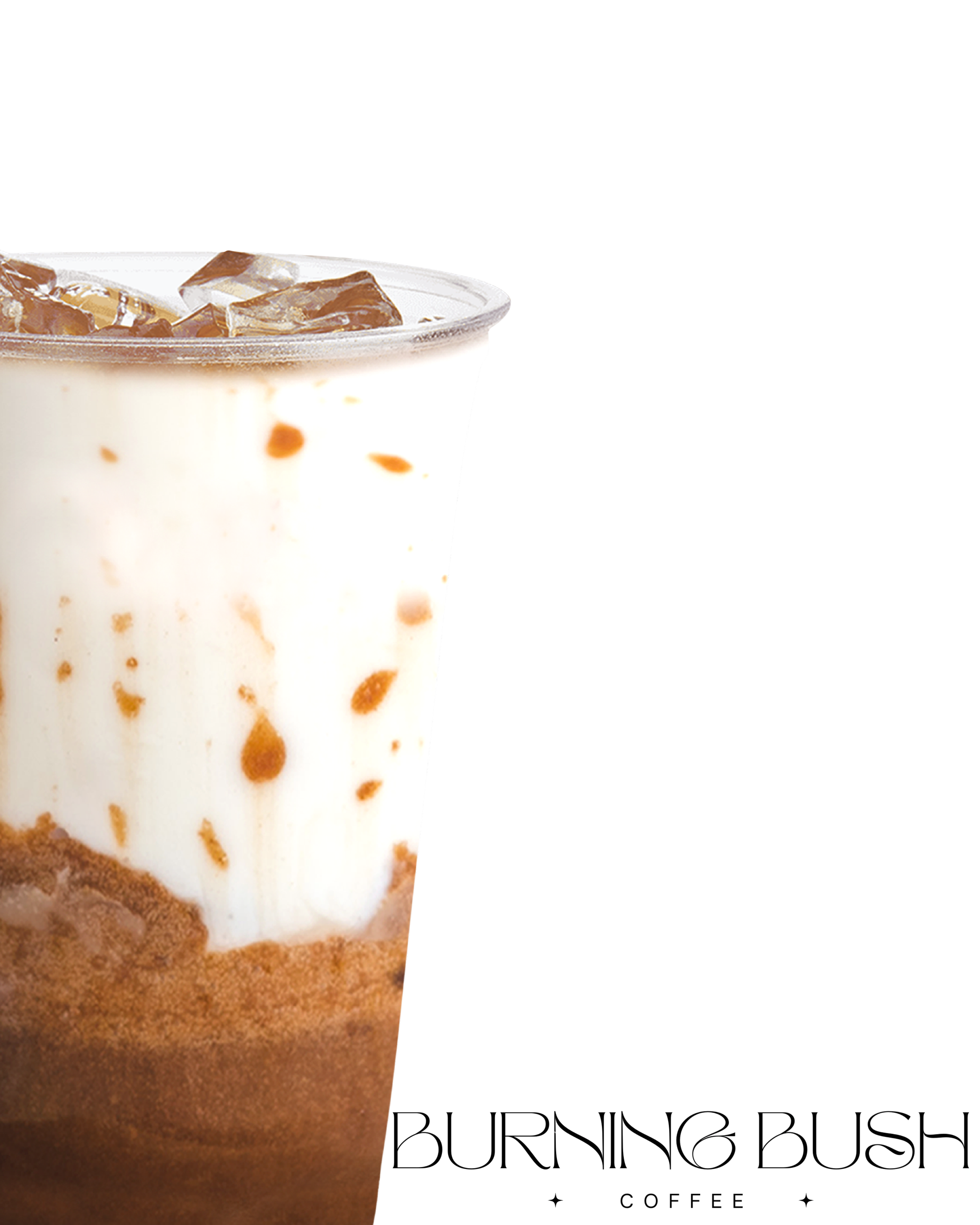 Close-up of a cup of iced coffee with visible layers of milk, coffee, and ice cubes.