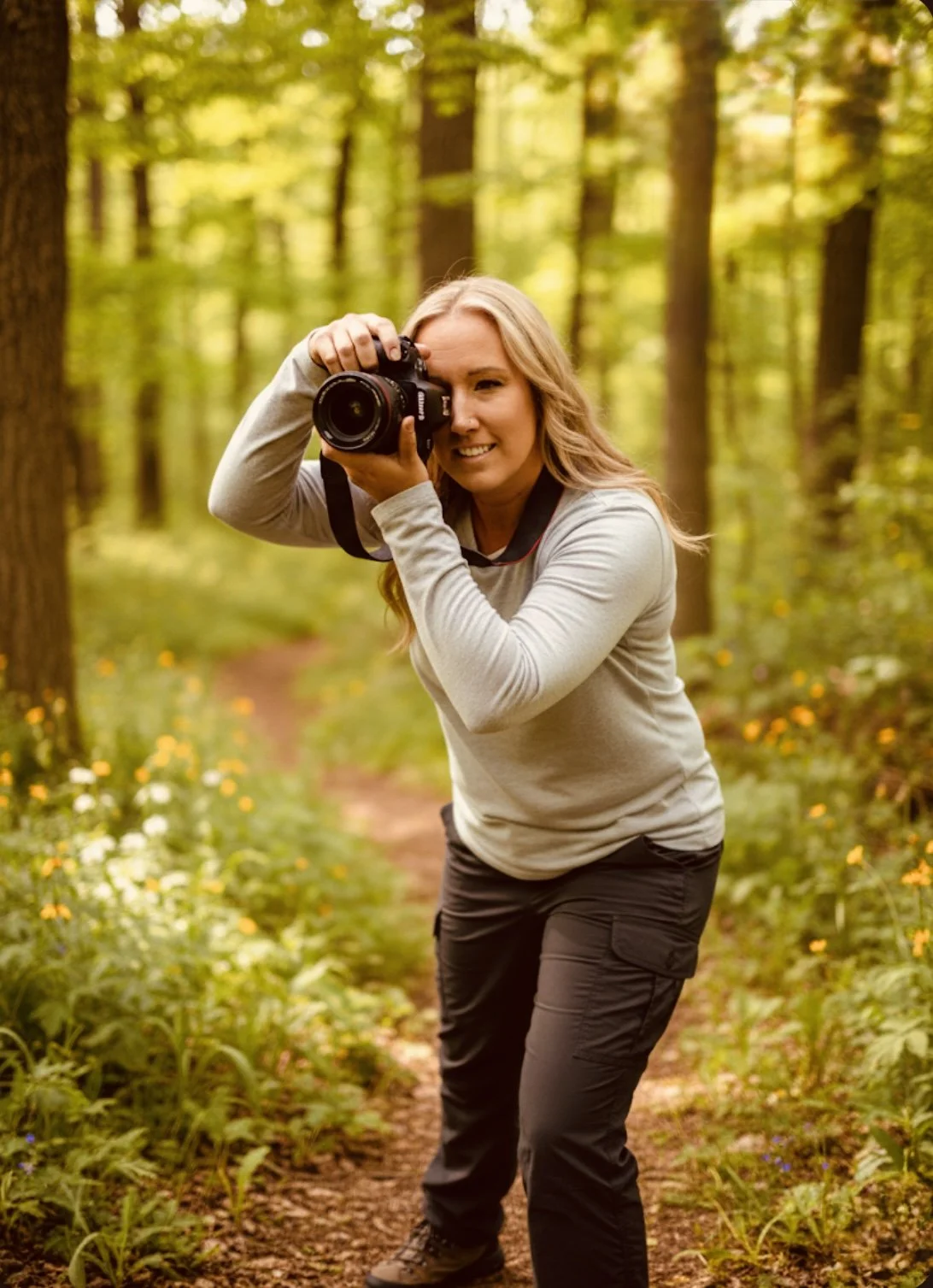A woman with long blonde hair takes a photo with a camera while standing on a forest trail surrounded by trees and yellow flowers.