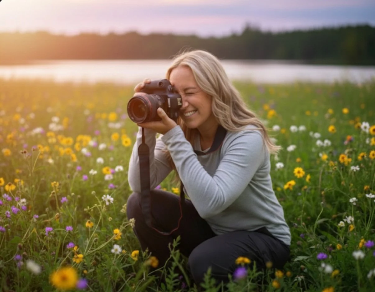 A woman with blonde hair smiling and taking a photo with a camera in a field of colorful wildflowers during sunset.