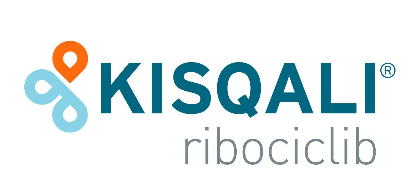 Logo of Kisaqli ribociclib with a stylized infinity symbol in orange and light blue and the company name in blue and gray text.