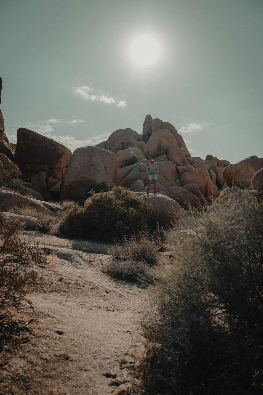 A person standing on large rocks in a desert landscape with bushes, under a bright sun in a clear sky.