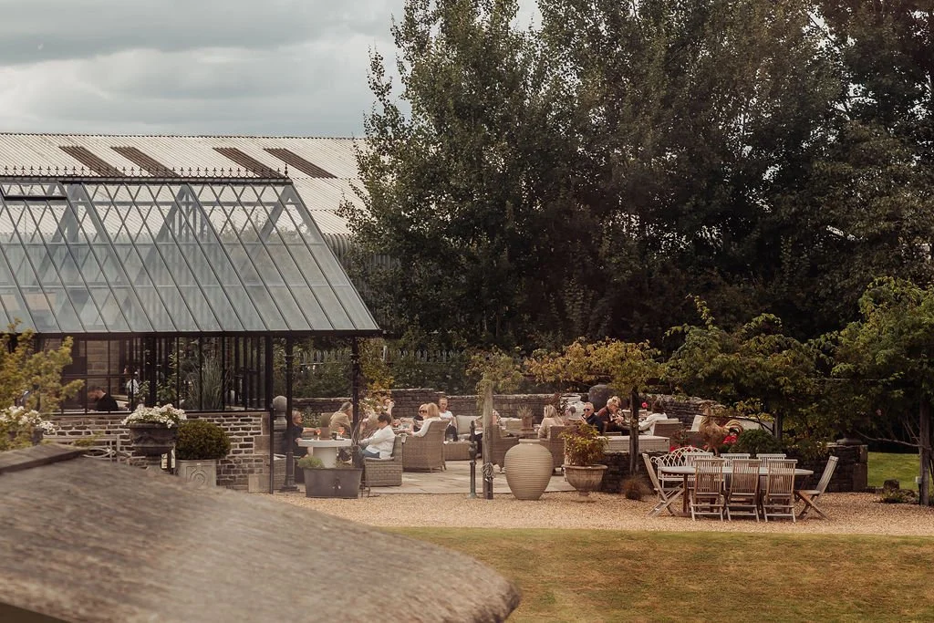 People dining and socializing outdoors on restaurant patio with trees and potted plants.