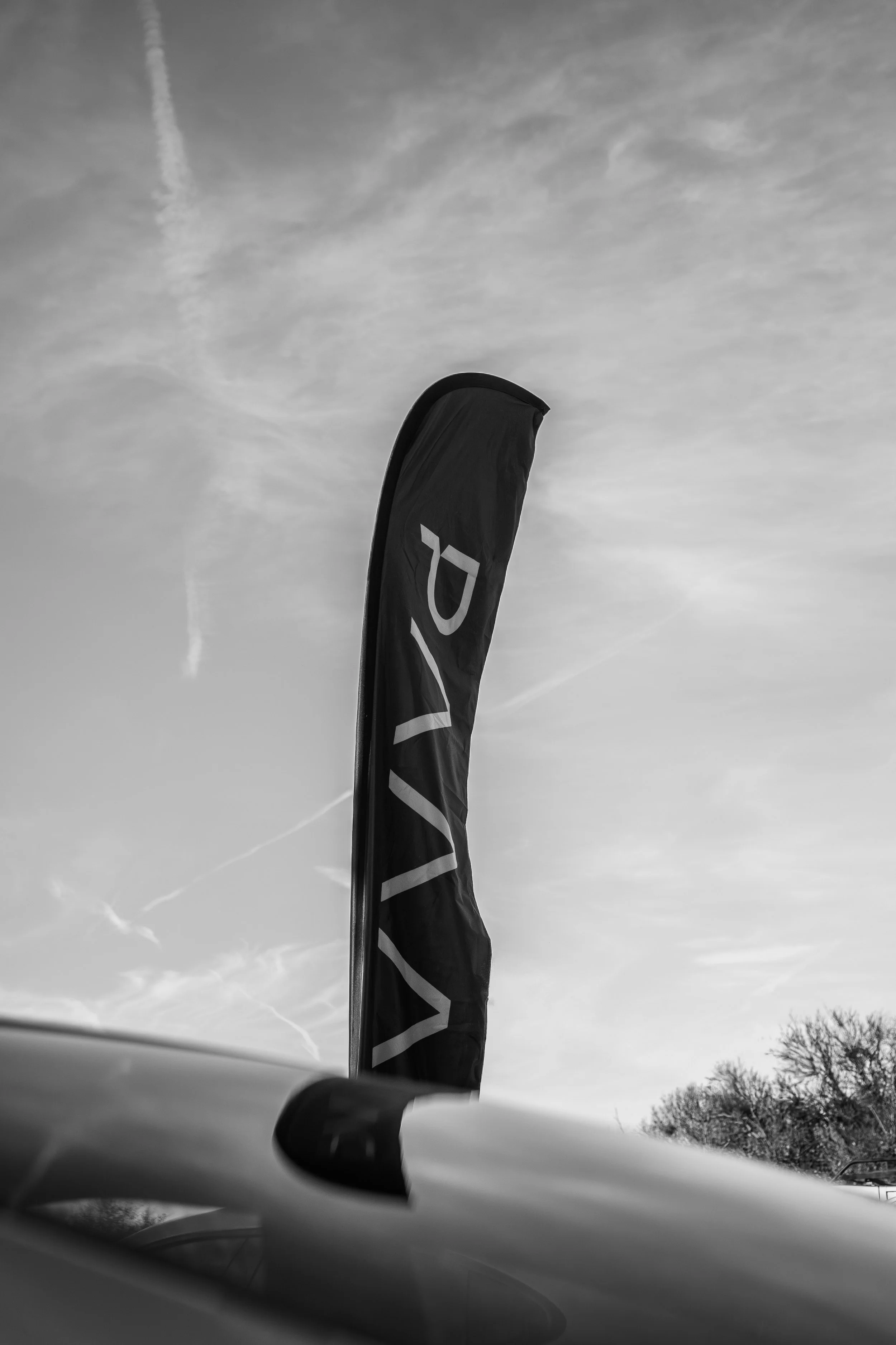A black and white photo shows a Tall flag with the word 'AVIV' in large letters, fluttering in the breeze against a partly cloudy sky.