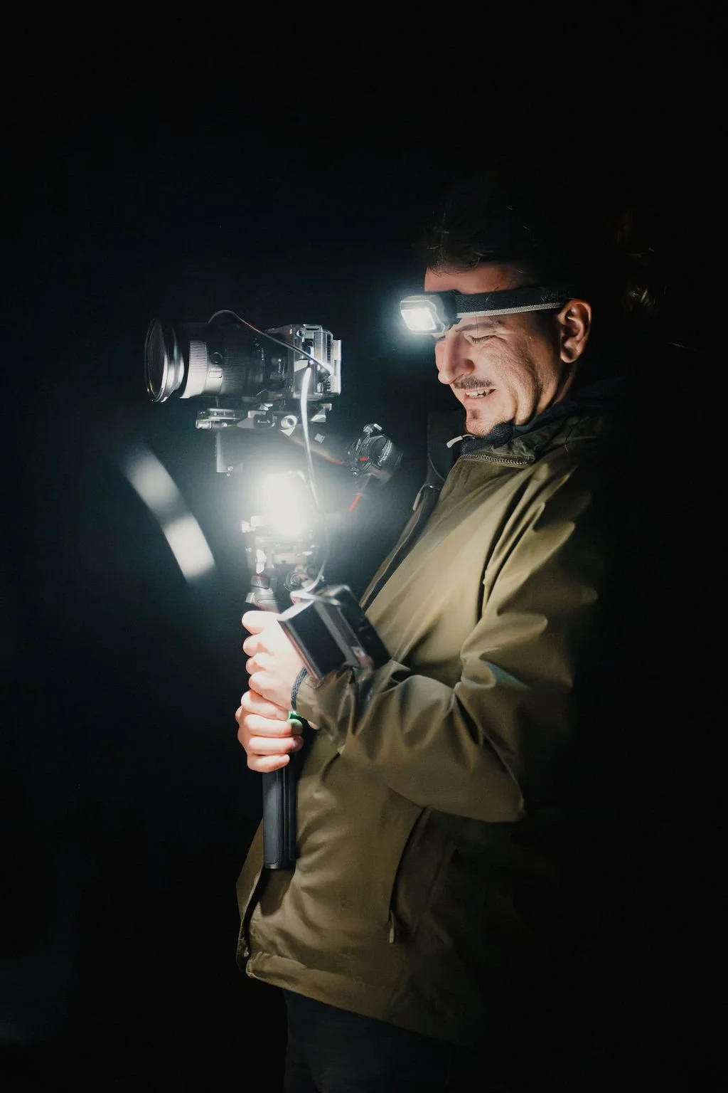 A man wearing a headlamp and a green jacket operating a camera in darkness. He is smiling and holding the camera setup with a gimbal.