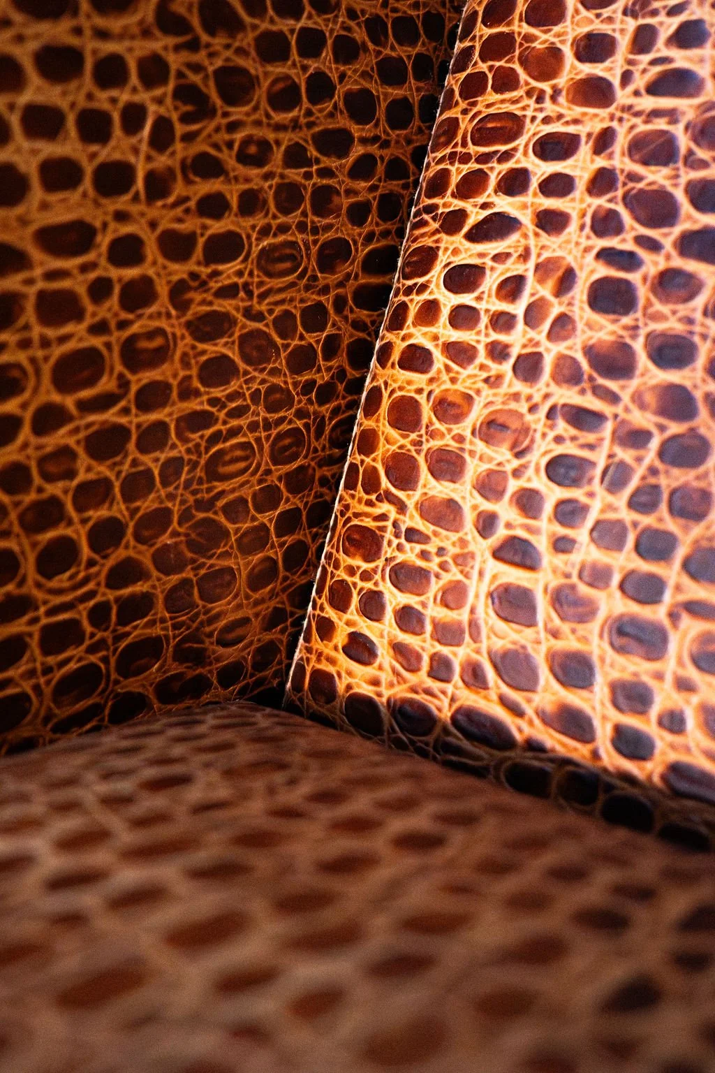 Close-up of textured leather with a honeycomb pattern in warm tones.